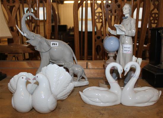Lladro: pair intertwined swans, Kissing Doves, The Professor, Scholar World Globe and Walking elephant & baby